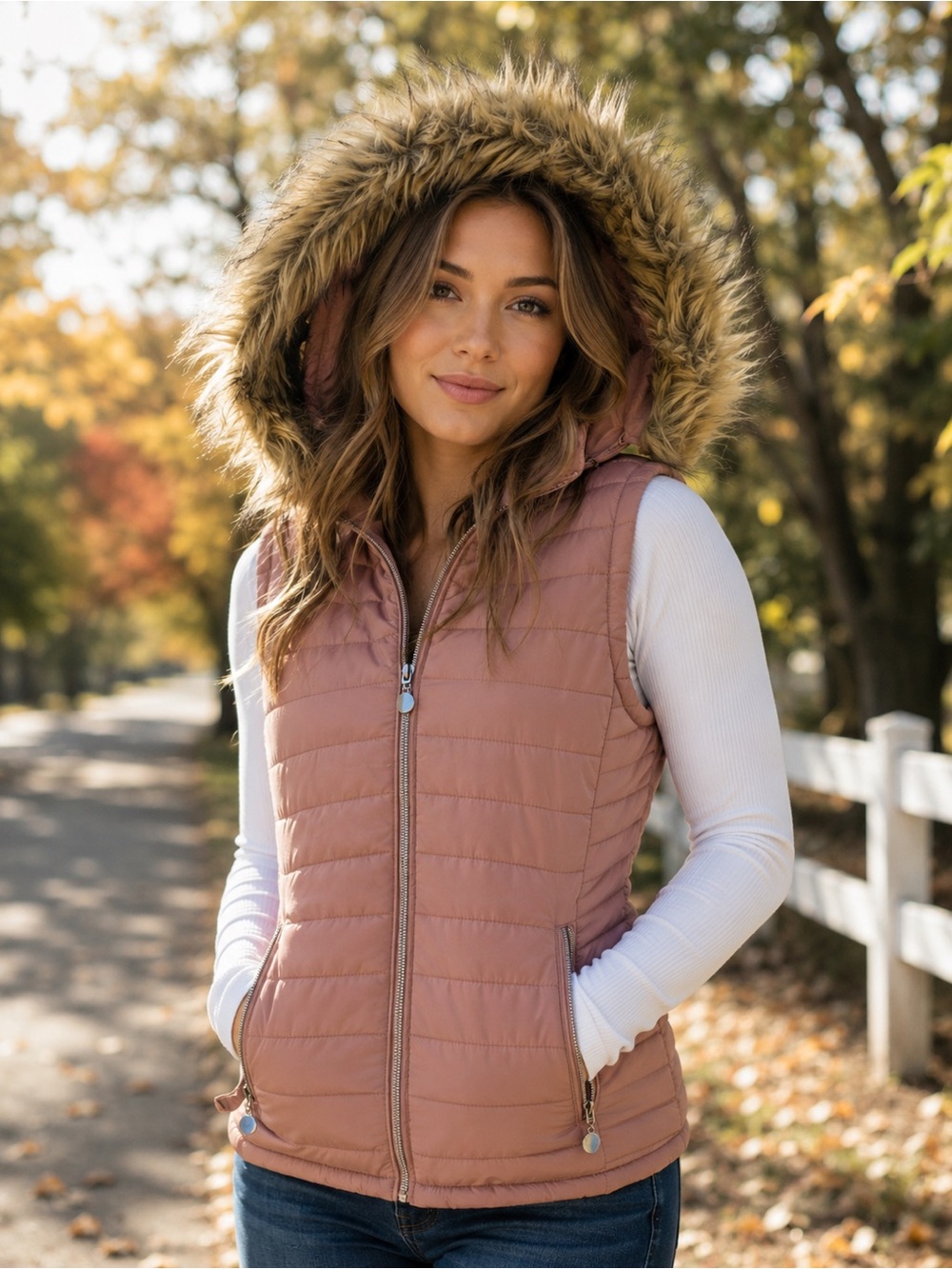 YMI Blush Pink Quilted Hooded Puffer Vest with Faux Fur Lining
